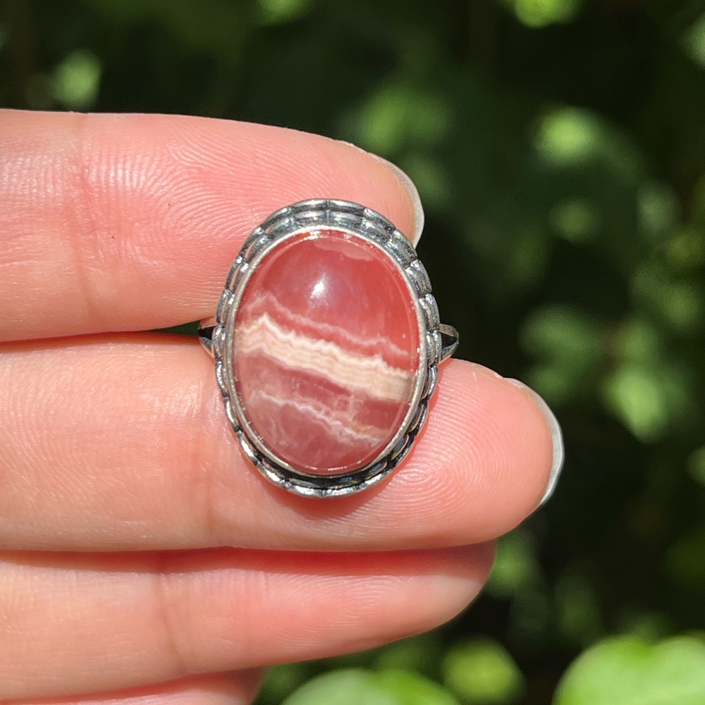 Sterling silver 925 stamped adjustable pink rhodochrosite ring